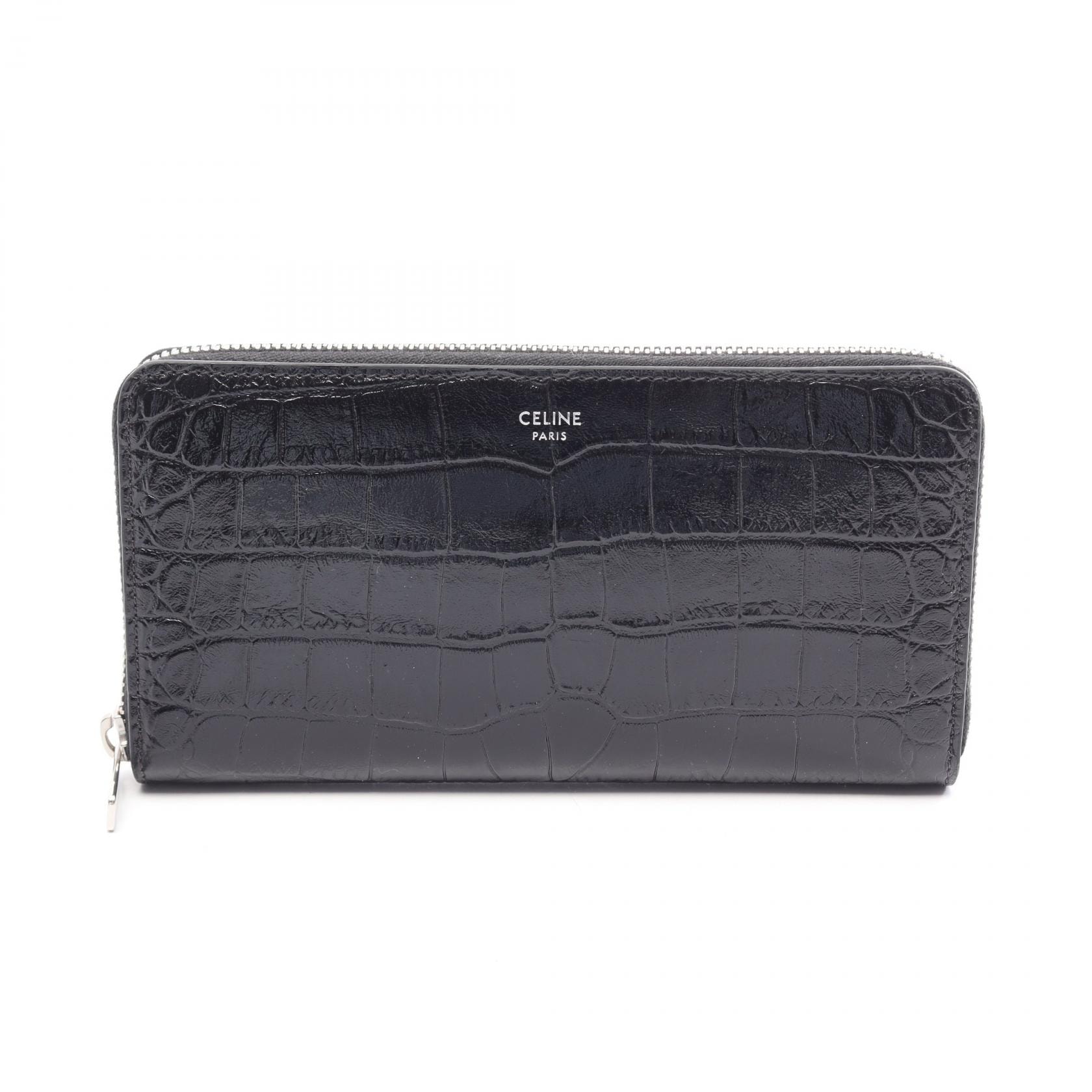 セリーヌ CELINE クロコ型押し ラウンド長財布 財布 レザー レディース ブラック系 【中古】