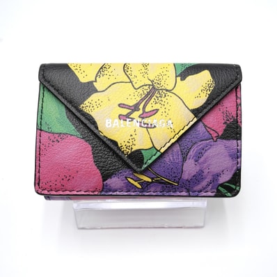 BALENCIAGA(バレンシアガ)ペーパーミニウォレット 三つ折り財布 コンパクトウォレット フラワープリント 花柄 ブラック マルチカラー レザー レディース 391446【中古】