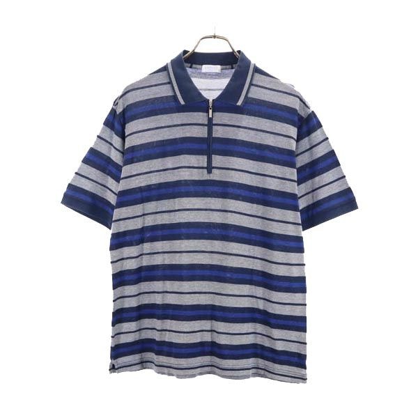 LANVIN ランバン ボーダー柄 トレーニング 半袖 ハーフジップ ポロシャツ L ネイビー×グレー 鹿の子 スポーツ