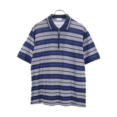 LANVIN ランバン ボーダー柄 トレーニング 半袖 ハーフジップ ポロシャツ L ネイビー×グレー 鹿の子 スポーツ