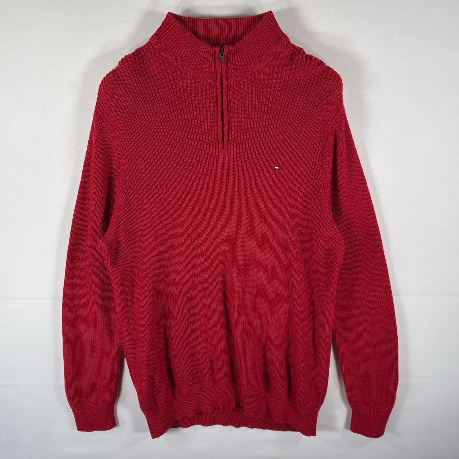 古着 トミーヒルフィガー TOMMY HILFIGER セーター ハーフジップトレーナー コットンニット ワンポイントロゴ 大きいサイズ 14041  レッド メンズ