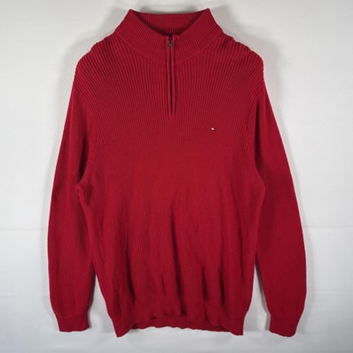古着 トミーヒルフィガー TOMMY HILFIGER セーター ハーフジップトレーナー コットンニット ワンポイントロゴ 大きいサイズ 14041 レッド メンズ