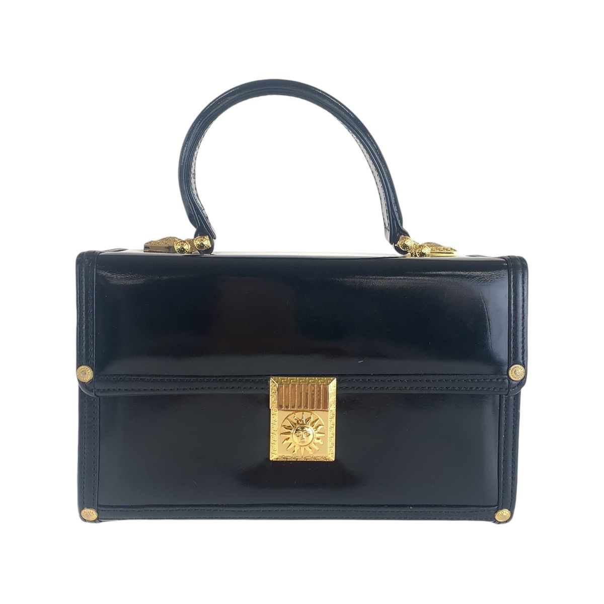 美品 VERSACE ヴェルサーチ ヴィンテージ サンバースト ブラック 黒 ゴールド金具 エナメル ハンドバッグ バニティバッグ 503484 【中古】