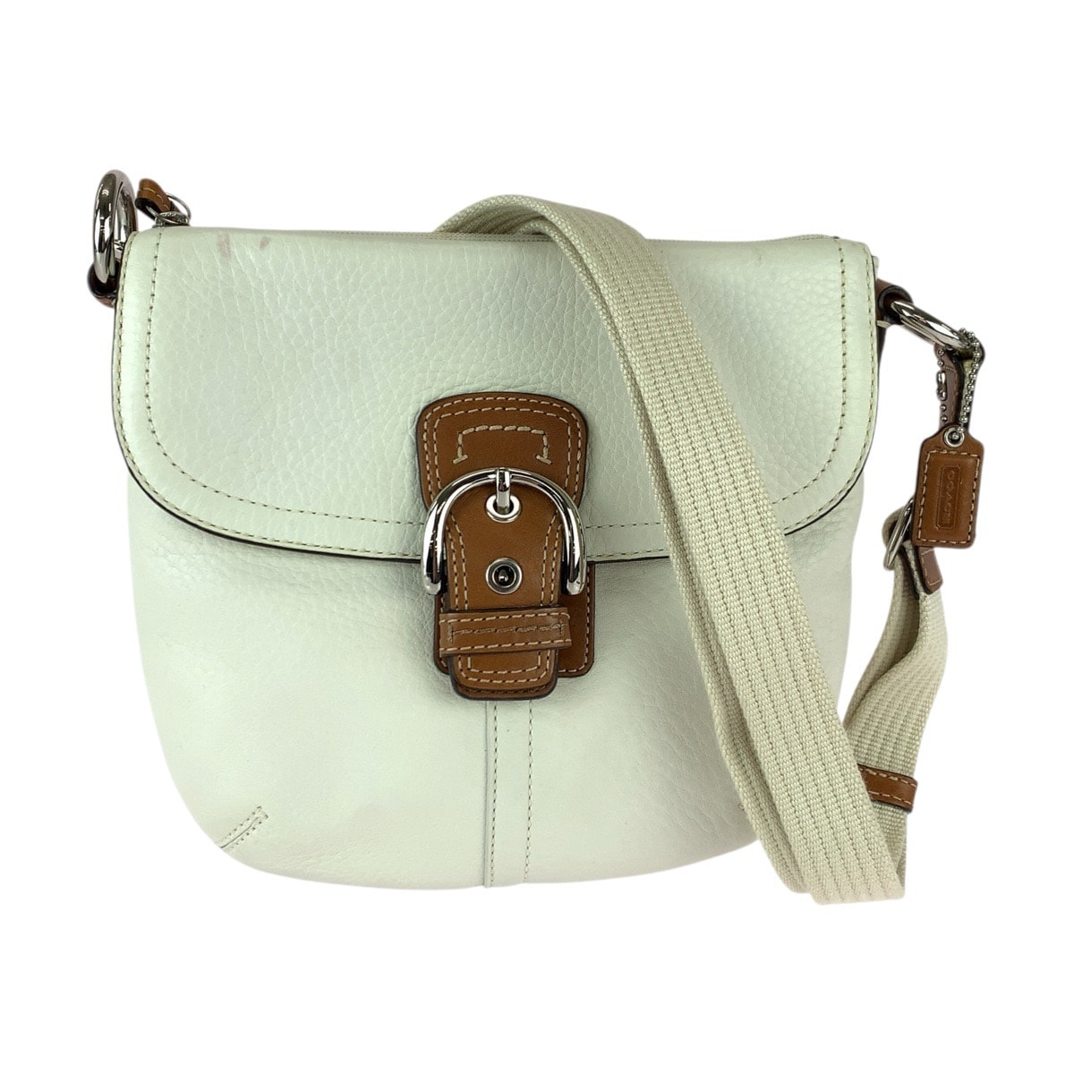 美品 COACH コーチ ホワイト ブラウン シルバー金具 レザー ショルダーバッグ ポシェット 600812 【中古】