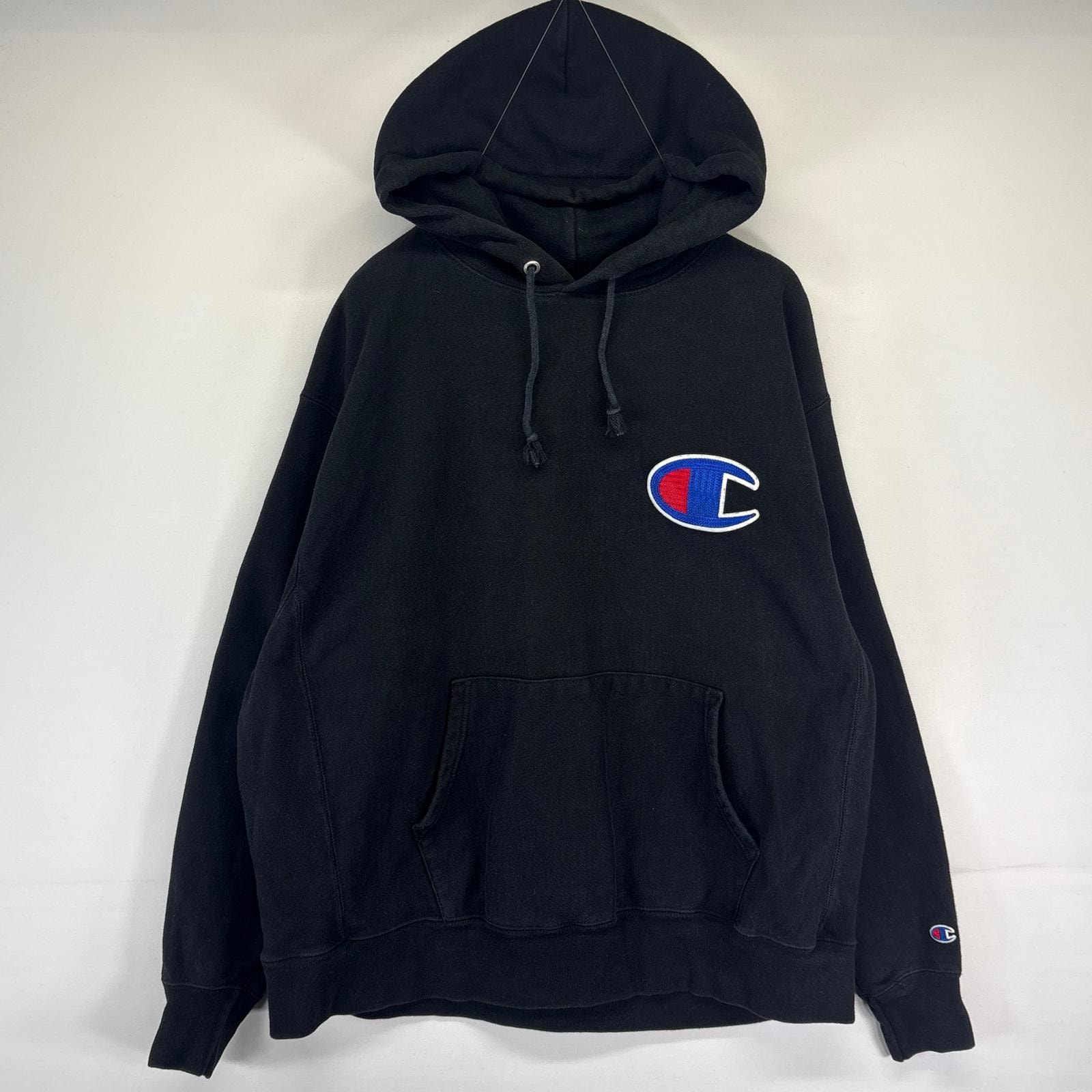 古着 チャンピオン Champion パーカー スウェット リバースウィーブ ビッグワンポイントロゴ 刺繍 XL  ブラック メンズ
