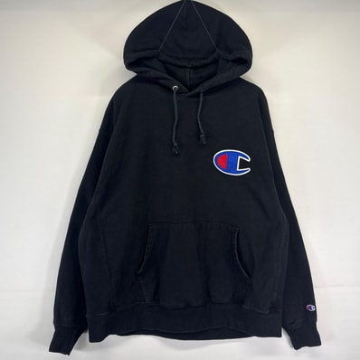 古着 チャンピオン Champion パーカー スウェット リバースウィーブ ビッグワンポイントロゴ 刺繍 XL ブラック メンズ