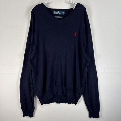 古着 90's/90年代 ポロバイラルフローレン Polo by Ralph Lauren 長袖 セーター ロゴ 刺繍 Vネック 大きいサイズ XL ネイビー 無地 メンズ