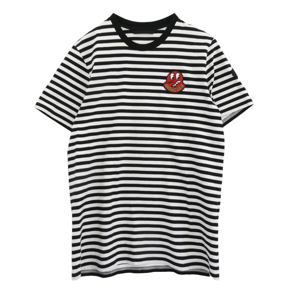 MONCLER モンクレール カットソー 23SS I10918C00037 RIGATO LOGO T SHIRT ワッペン ボーダー 半袖 Tシャツ ブラック系 ホワイト系 XL【中古】