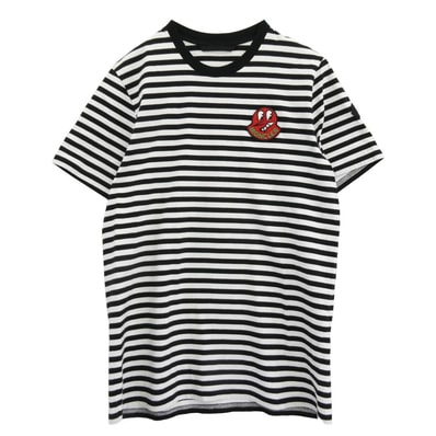 MONCLER モンクレール カットソー 23SS I10918C00037 RIGATO LOGO T SHIRT ワッペン ボーダー 半袖 Tシャツ ブラック系 ホワイト系 XL【中古】
