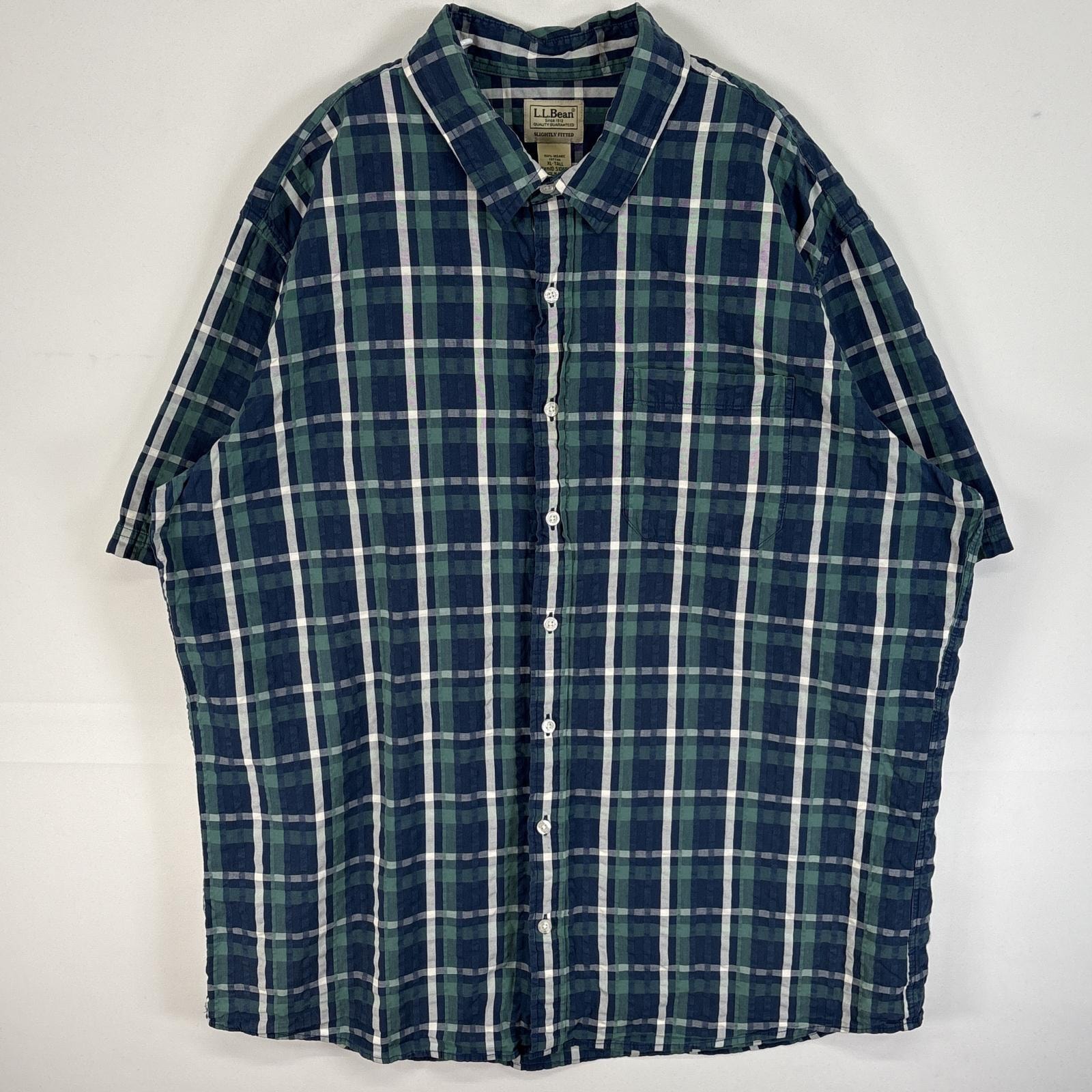 古着 エルエルビーン L.L.Bean シアサッカー 半袖シャツ チェック 胸ポケ 大きいサイズ XL  ブルー系 マルチカラー メンズ