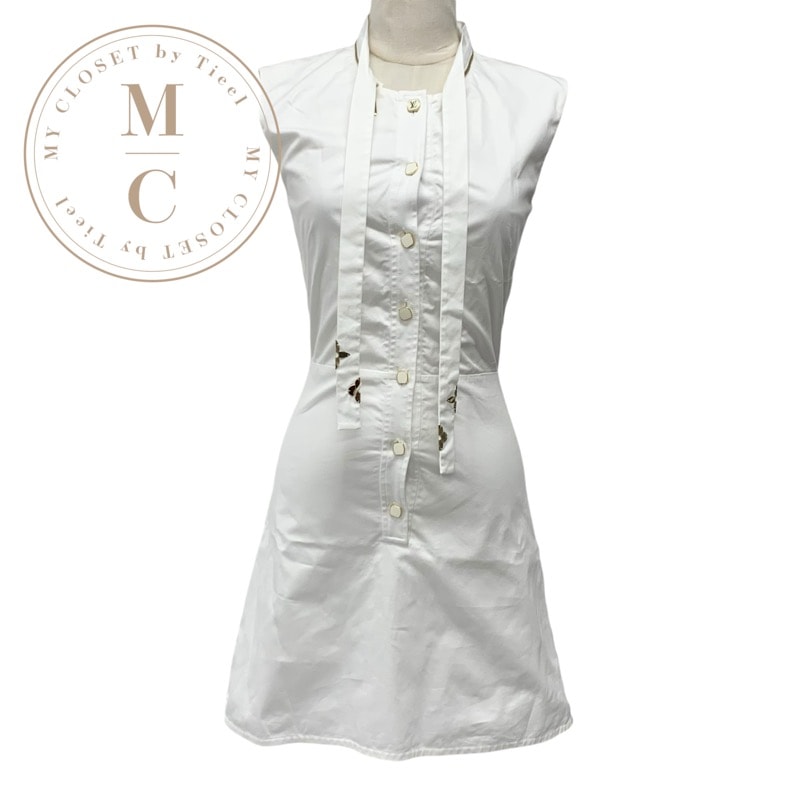 ルイヴィトン LOUIS VUITTON ワンピース コットン ホワイト 白 ゴールド ロゴ フィットアンドフレアドレス ノースリーブ