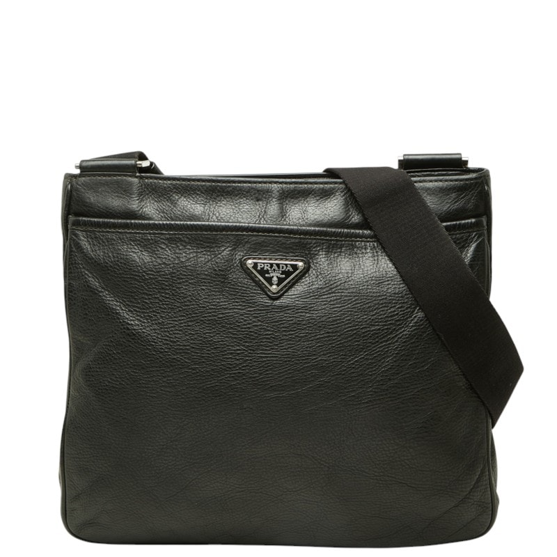 プラダ 三角ロゴプレート 斜め掛け ショルダーバッグ ブラック レザー レディース PRADA 中古