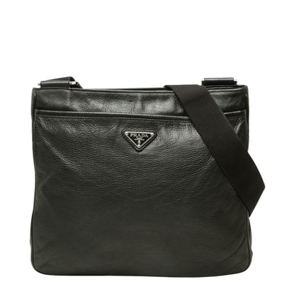 プラダ 三角ロゴプレート 斜め掛け ショルダーバッグ ブラック レザー レディース PRADA 中古