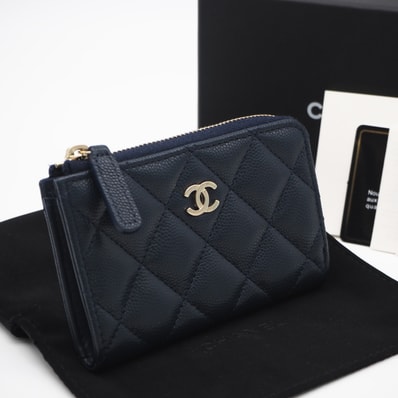 極美品 CHANEL シャネル マトラッセ キーリング付きコインケース AP0221 コインケース ネイビー ゴールド キャビアスキン レディース