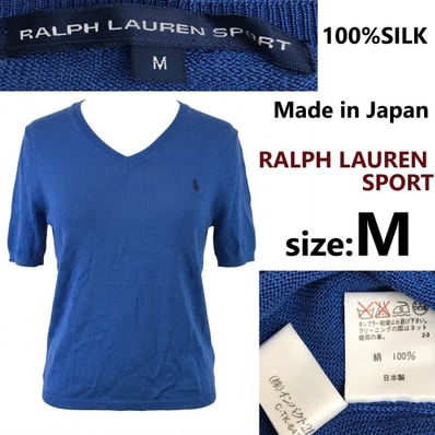 90s/vintage/日本製★RALPH LAUREN SPORT/ラルフローレン★100%SILK/半袖ニットセーター【レディースM/青/blue】インパクト21/Tops/Shirt◆BJ119-d