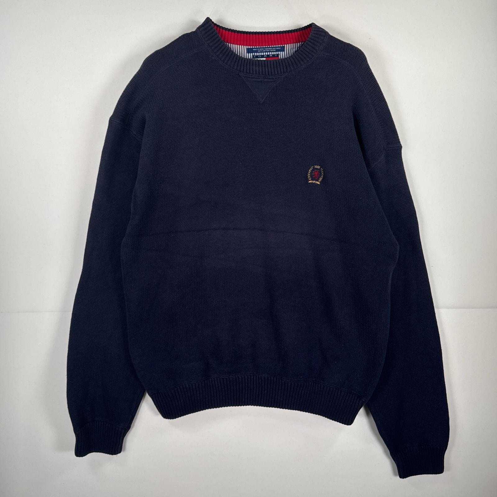 古着 90's/90年代 トミーヒルフィガー TOMMY HILFIGER 長袖 ニット セーター クルーネック コットン ワンポイント 刺繍 L  ネイビー 無地 メンズ