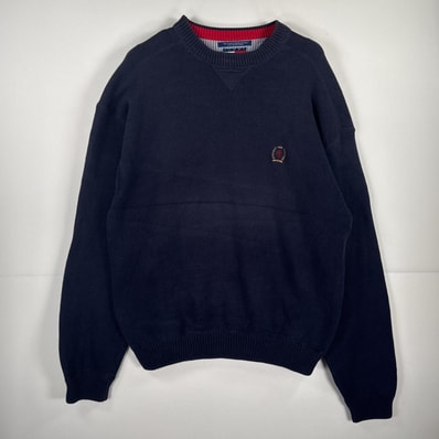 古着 90's/90年代 トミーヒルフィガー TOMMY HILFIGER 長袖 ニット セーター クルーネック コットン ワンポイント 刺繍 L ネイビー 無地 メンズ