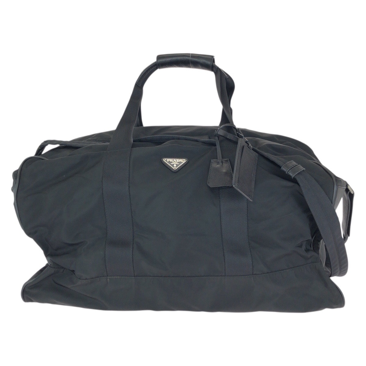 美品 PRADA プラダ テスート サフィアーノ 三角ロゴプレート 2way ブラック 黒 シルバー金具 ナイロン レザー/ ボストンバッグ 旅行バッグ 男女兼用 601708 【中古】