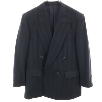 LANVIN ランバン 80s 90s シルクウールブレンド オールド ストライプ テーラードジャケット R46-44 ネイビー