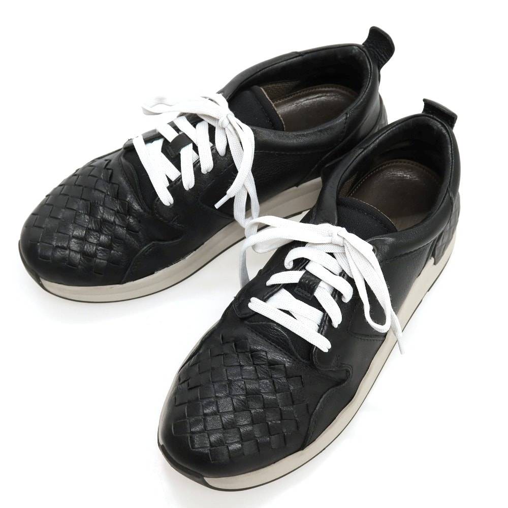 【中古】ボッテガヴェネタ BOTTEGAVENETA レザー スニーカー ブラック【サイズ40 1/2】【メンズ】