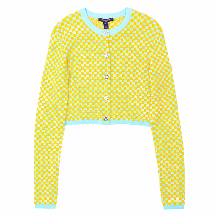 【未使用】LOUIS VUITTON ルイ・ヴィトン クロップニットカーディガン 2024AW ダミエ ブロックチェック カシミヤブレンド モノグラムフラワーボタン レザーパッチ ショートレングス 短丈 トップス レディース S 黄色 サックスブルー 伊製