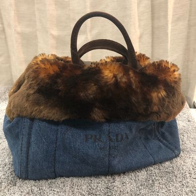 PRADA CANAPA Denim Logo Handle Tote Bag "Blue"