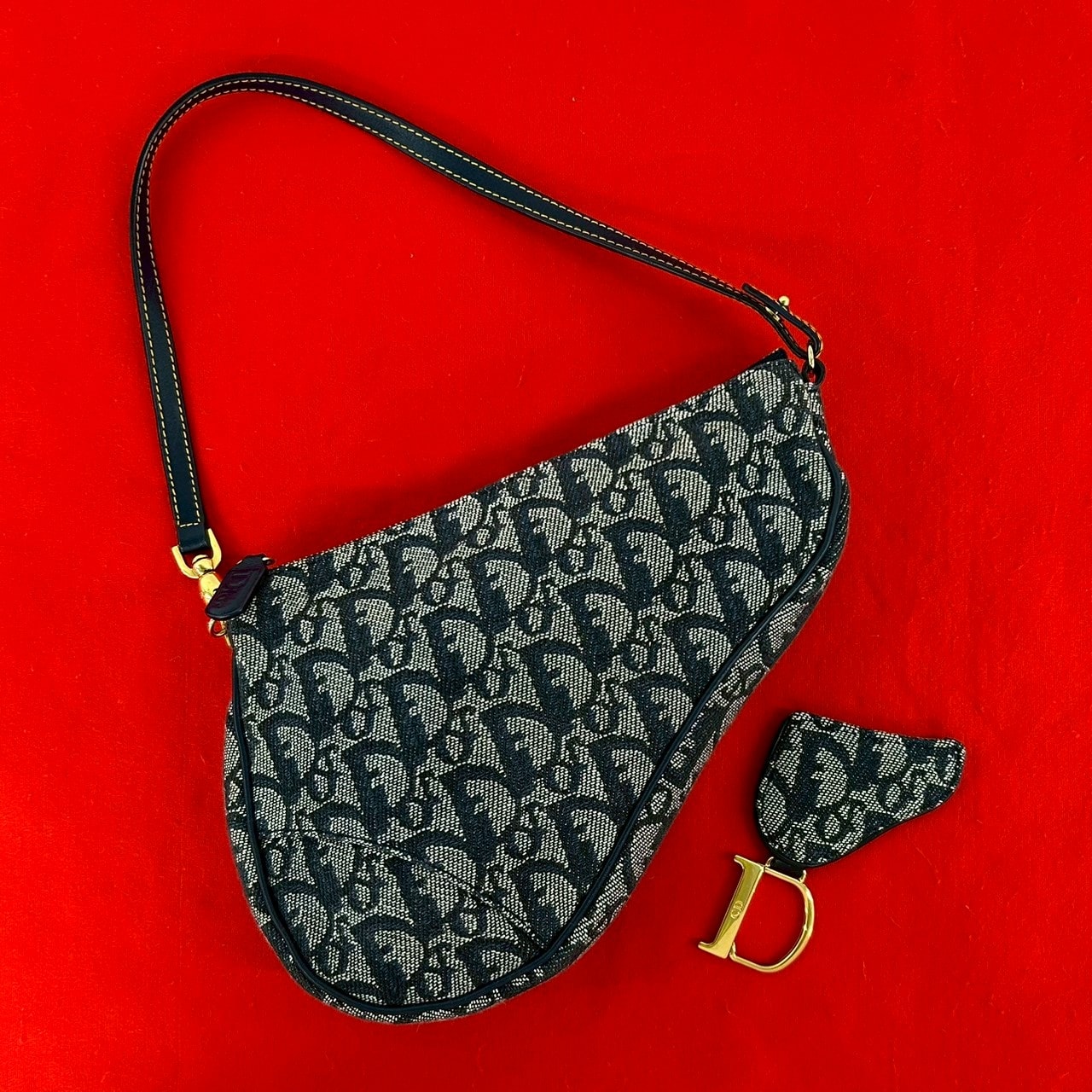 Christian Dior ディオール サドル トロッター 柄 キャンバス レザー ハンドバッグ ネイビー
 91431