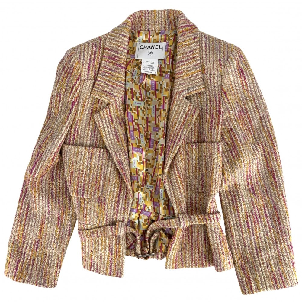 CHANEL シャネル アウター ツイード ベルト付き ジャケット 服 アパレル 38 ベージュ ピンク ゴールド金具 ウール  ポリエステル  ナイロン  レディース 春 秋 美品 2001年【中古品】