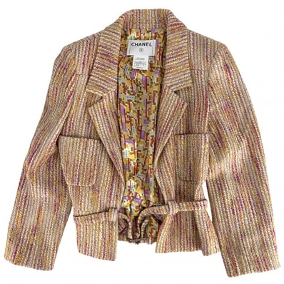 CHANEL シャネル アウター ツイード ベルト付き ジャケット 服 アパレル 38 ベージュ ピンク ゴールド金具 ウール ポリエステル ナイロン レディース 春 秋 美品 2001年【中古品】