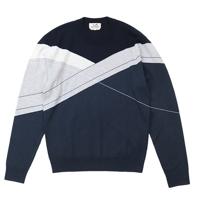 【美品】 エルメス Casaque ウール/カシミヤ セーター アシンメトリー ジオメトリック ニット メンズ ネイビー グレー M HERMES
