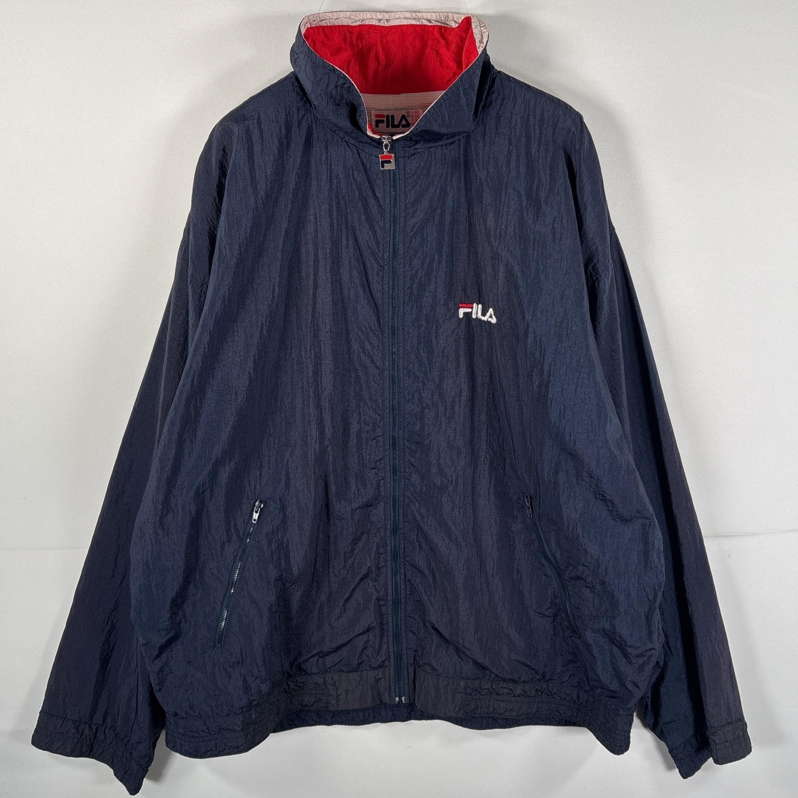 古着 フィラ FILA ナイロンジャケット ジャンパー メッシュライナー フルジップ 大きいサイズ ワンポイントロゴ刺繍 ビッグロゴ  ネイビー メンズ