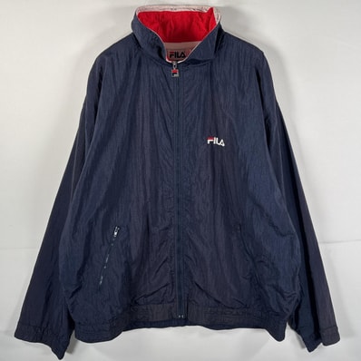 古着 フィラ FILA ナイロンジャケット ジャンパー メッシュライナー フルジップ 大きいサイズ ワンポイントロゴ刺繍 ビッグロゴ ネイビー メンズ