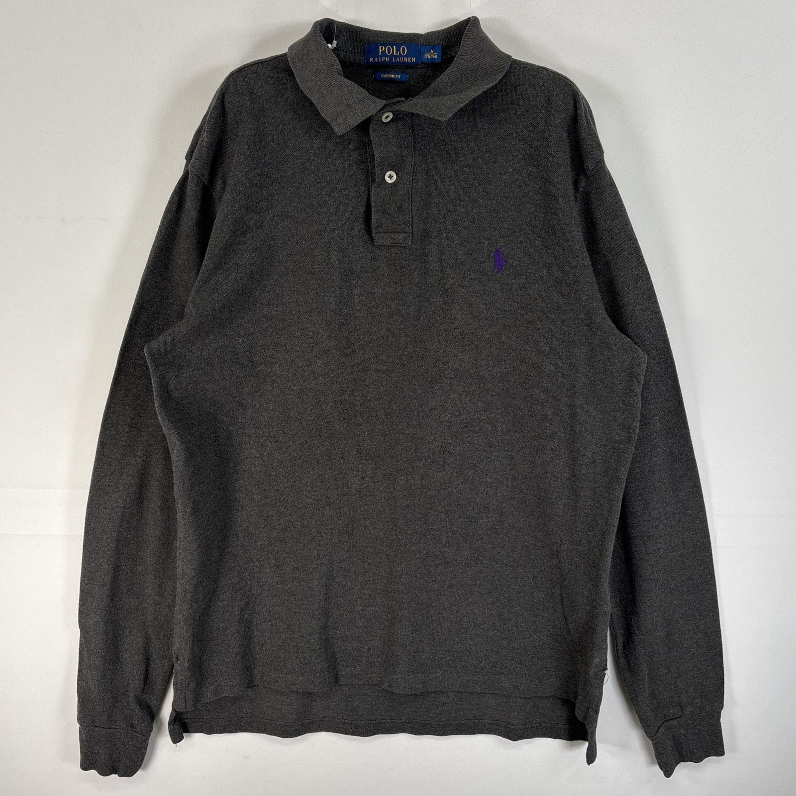 古着 ポロ・ラルフローレン POLO RALPH LAUREN 鹿の子 長袖 ポロシャツ ロゴ 刺繍 2ボタン M  ダークグレー 無地 メンズ