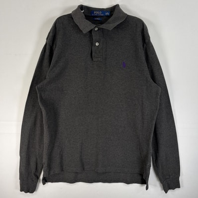 古着 ポロ・ラルフローレン POLO RALPH LAUREN 鹿の子 長袖 ポロシャツ ロゴ 刺繍 2ボタン M ダークグレー 無地 メンズ