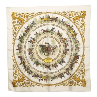 エルメス カレ90 LA PROMENADE DE LONGCHAMPS ロンシャンヘの散歩 スカーフ 大判 アイボリー系 マルチカラー シルク レディース HERMES 【中古】