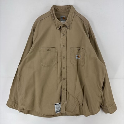 古着 カーハート Carhartt 長袖シャツ ワンポイントロゴ 胸ポケット 大きいサイズ ワークシャツ 2XL ベージュ メンズ