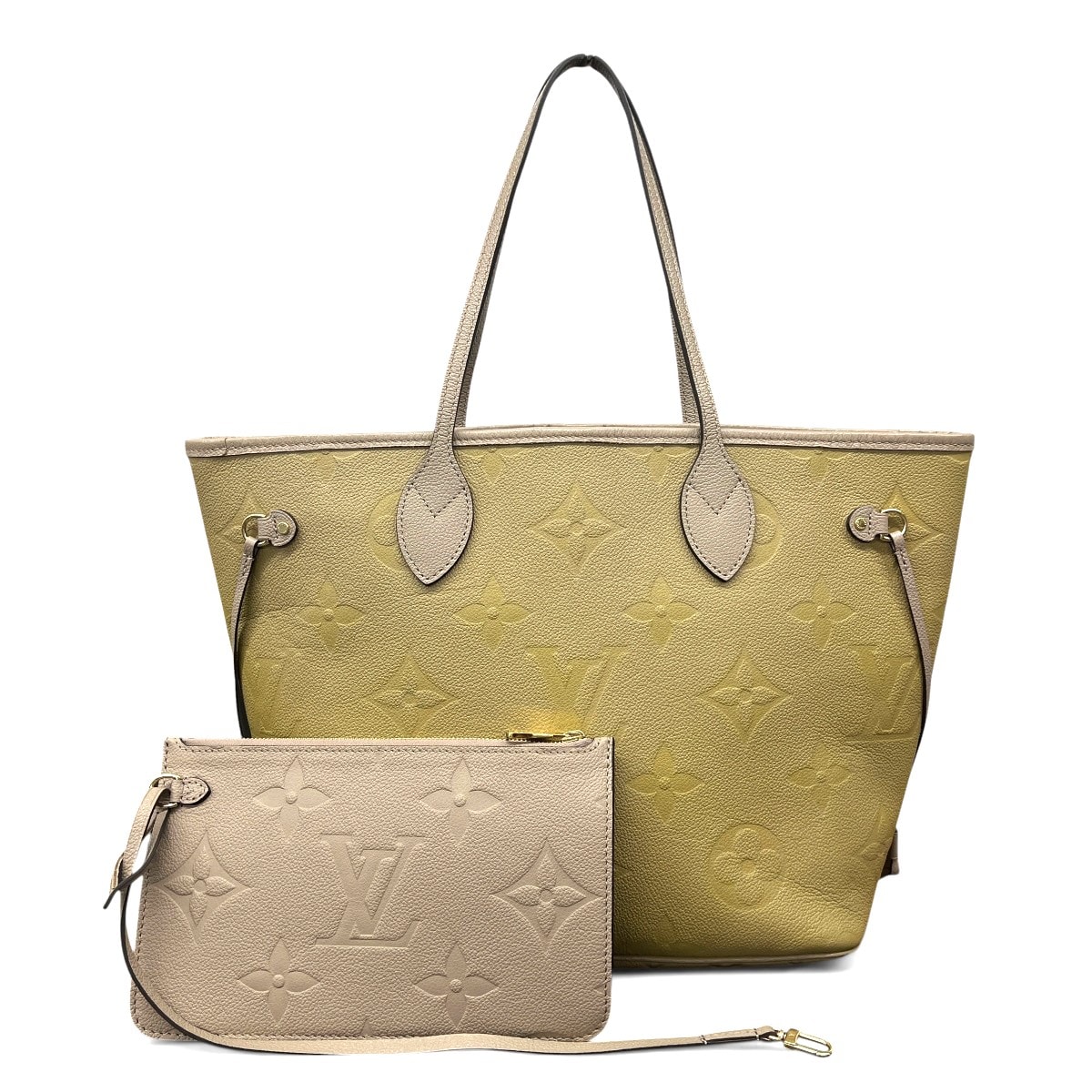 LOUIS VUITTON 希少 訳アリ 極美品 ルイヴィトン ネヴァーフルMM モノグラムアンプラント トゥルトレール トートバッグ M45686 レザー RFID確認済 ベージュ ポーチ付属 ※ボディのみ変色 LV ヴィトン SAランク 中古 鑑定済