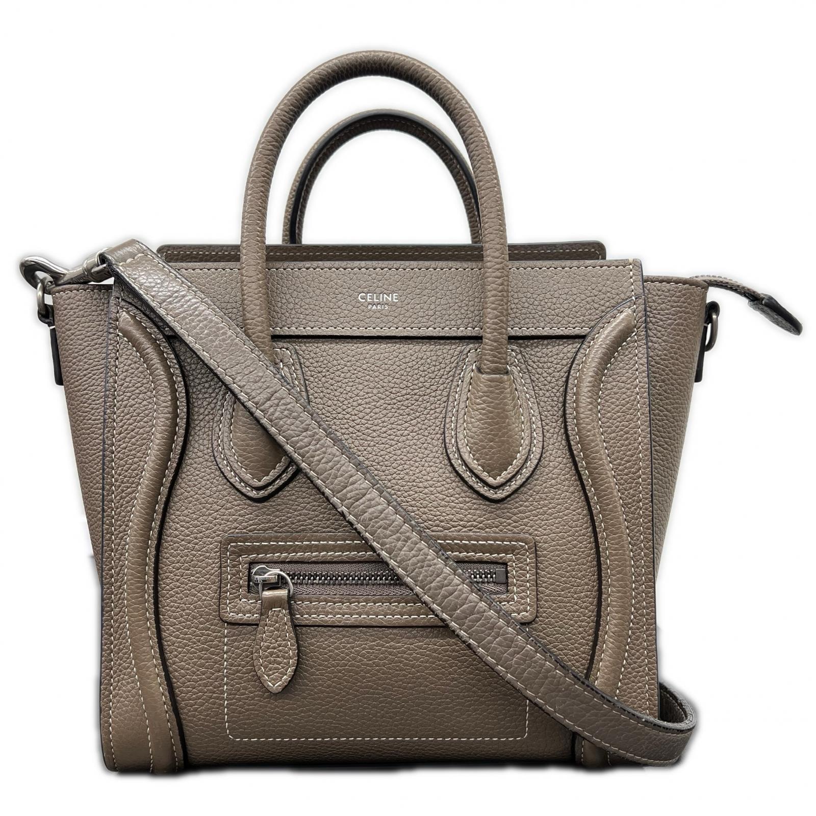 CELINE 美品 セリーヌ ラゲージ ナノ ショッパー 2way ハンドバッグ ショルダーバッグ 189243 レザー グレージュ スリ ミニバッグ クロスボディ ポシェット ABランク 鑑定済 中古 セリーヌバッグ