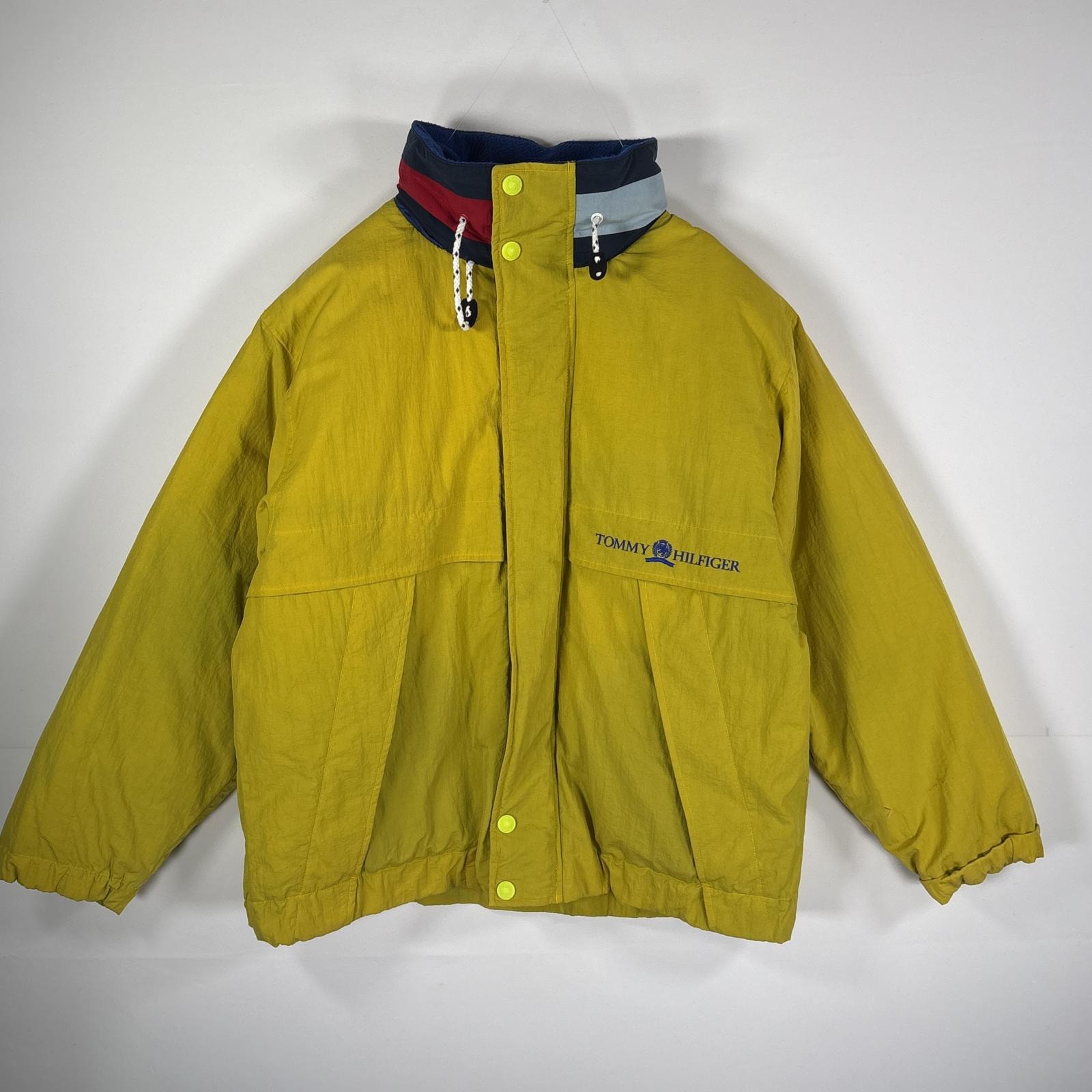 古着 90's/90年代 トミーヒルフィガー TOMMY HILFIGER ダウンジャケット 収納フード付き ワンポイントロゴ L イエロー メンズ
