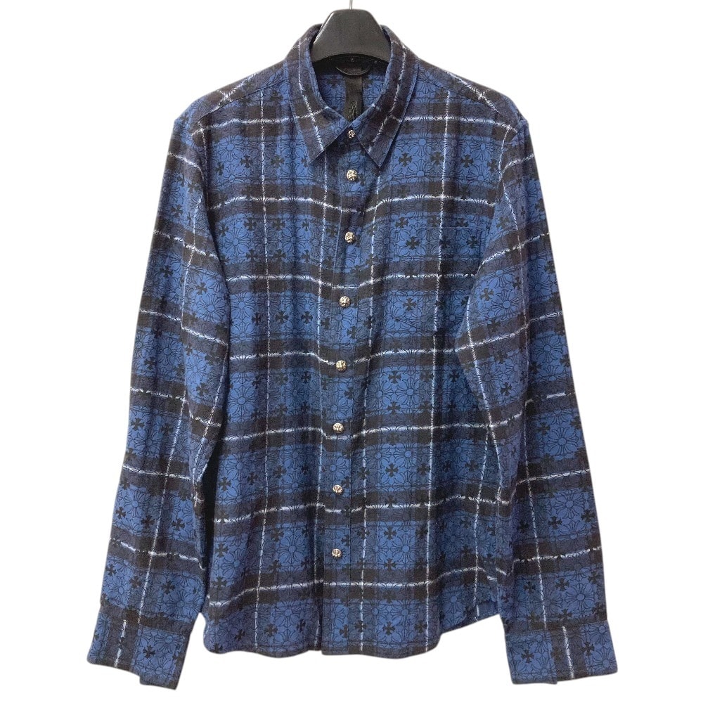 クロムハーツ CHROME HEARTS Loose Ends Cross Leather Patch Check Shirt ルーズエンド クロスレザーパッチ チェック シャツ 長袖 アパレル シャツ 革パッチ 長袖シャツ コットン ブルー