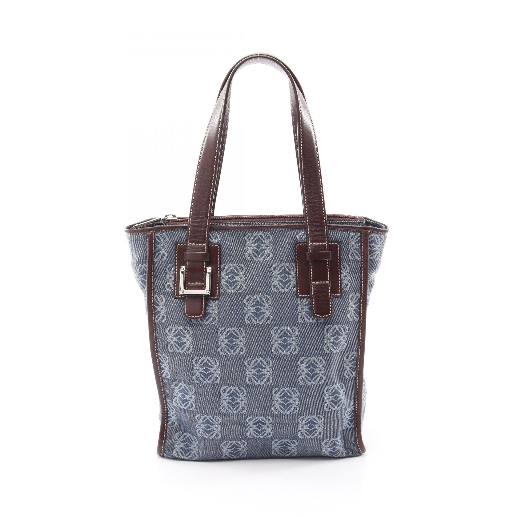 ロエベ LOEWE リピート アナグラム トートバッグ バッグ キャンバス レザー レディース ネイビー系 / ブラウン系 【中古】