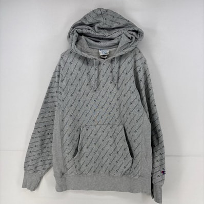 古着 チャンピオン Champion パーカー プルオーバー ロゴ リバースウィーブ 総柄 スウェット M グレー メンズ