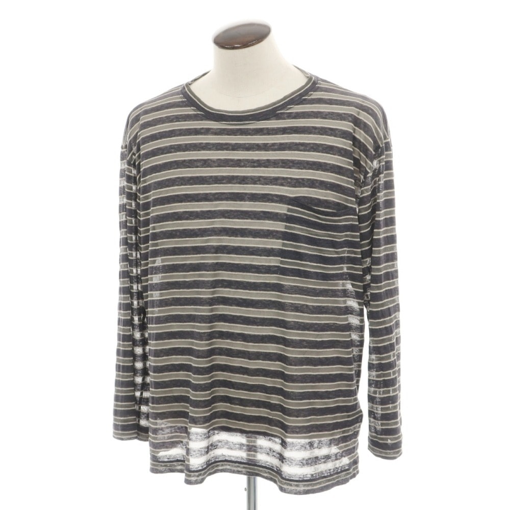 【中古】ジョルジオアルマーニ GIORGIO ARMANI リネンレーヨン クルーネック ボーダー 長袖Tシャツ ダークグレーxグレー【サイズ54】【メンズ】