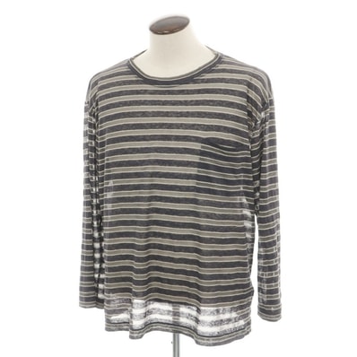 【中古】ジョルジオアルマーニ GIORGIO ARMANI リネンレーヨン クルーネック ボーダー 長袖Tシャツ ダークグレーxグレー【サイズ54】【メンズ】