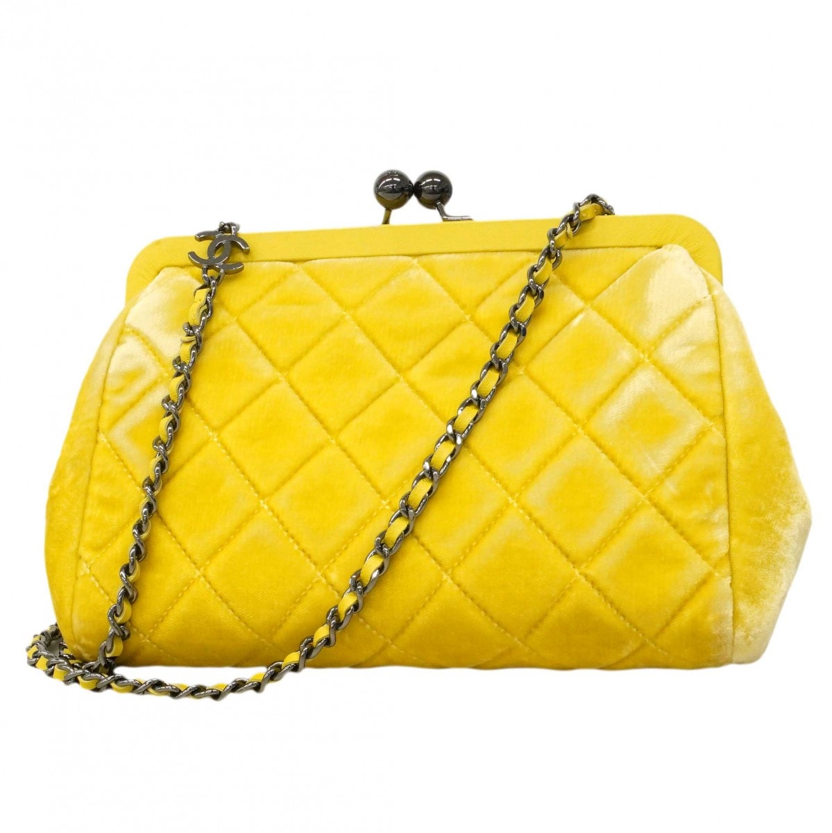 【6dd4047-k】シャネル ショルダーバッグ マトラッセ スウェード イエロー シルバー金具【中古】レディース
