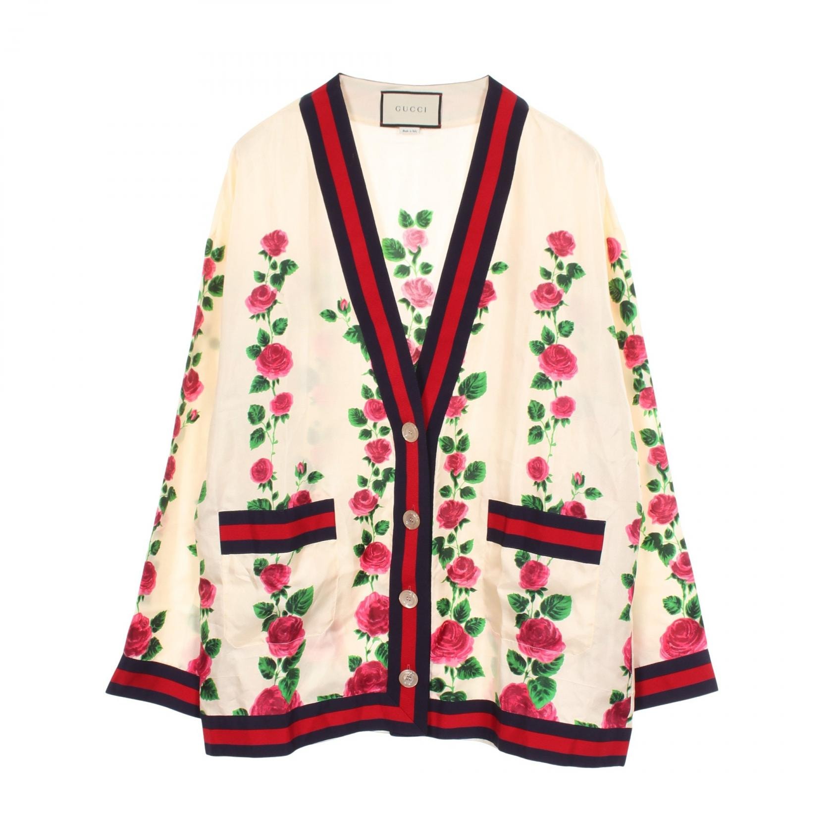 グッチ GUCCI フローラルプリント カーディガン 衣料品 トップス シルク レディース ホワイト系 / マルチカラー 【中古】