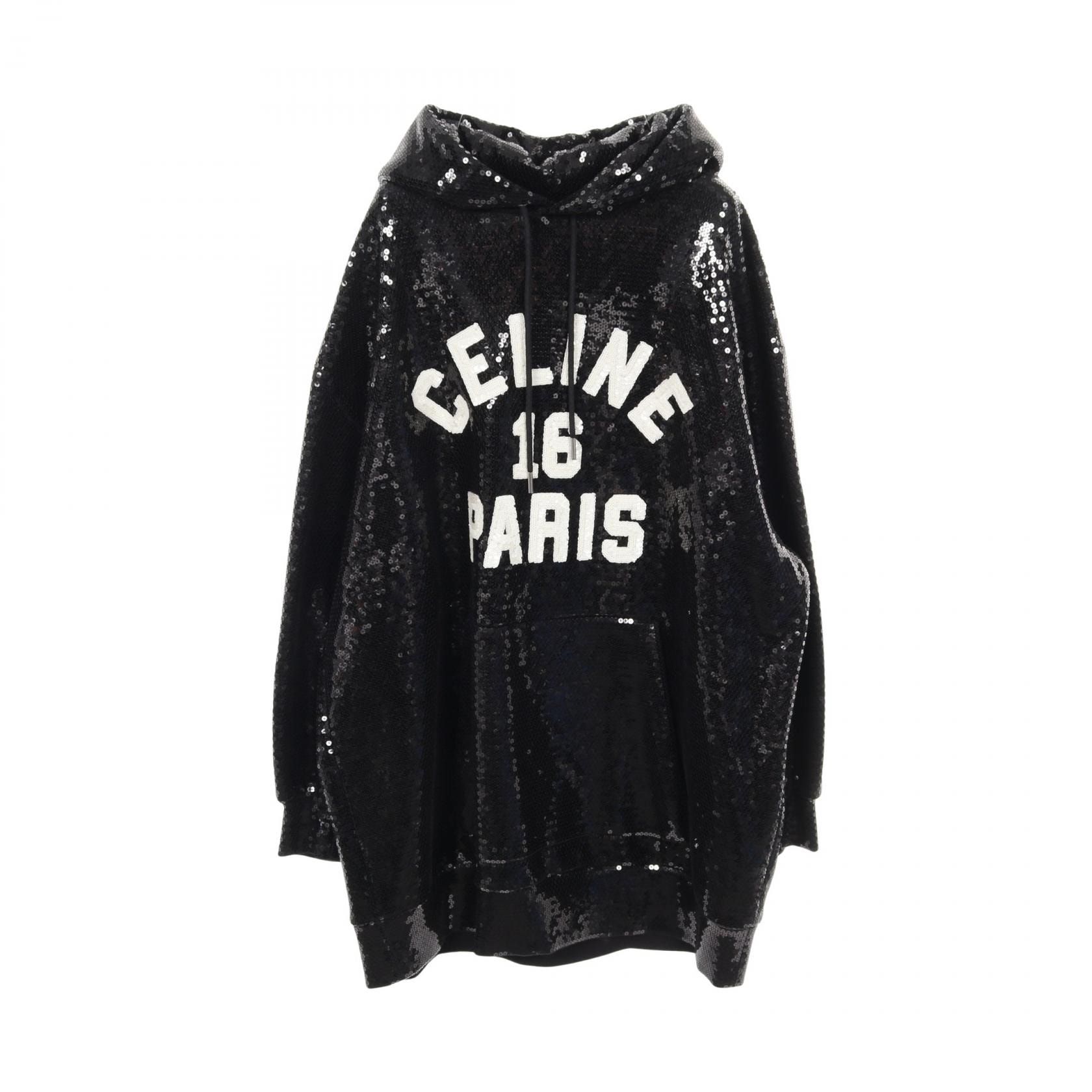 セリーヌ CELINE スパンコール ロゴ フーディ パーカー 衣料品 トップス コットン メンズ ブラック系 / ホワイト系 【中古】