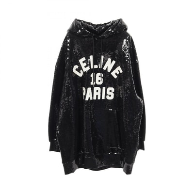 セリーヌ CELINE スパンコール ロゴ フーディ パーカー 衣料品 トップス コットン メンズ ブラック系 / ホワイト系 【中古】