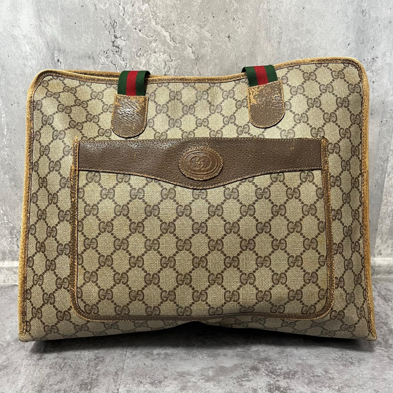【GUCCI】グッチ トートバッグ GG柄 ベージュ PVC レザー ウェブストライプ 肩掛け フロントポケット ロゴ金具 ヴィンテージ レディース