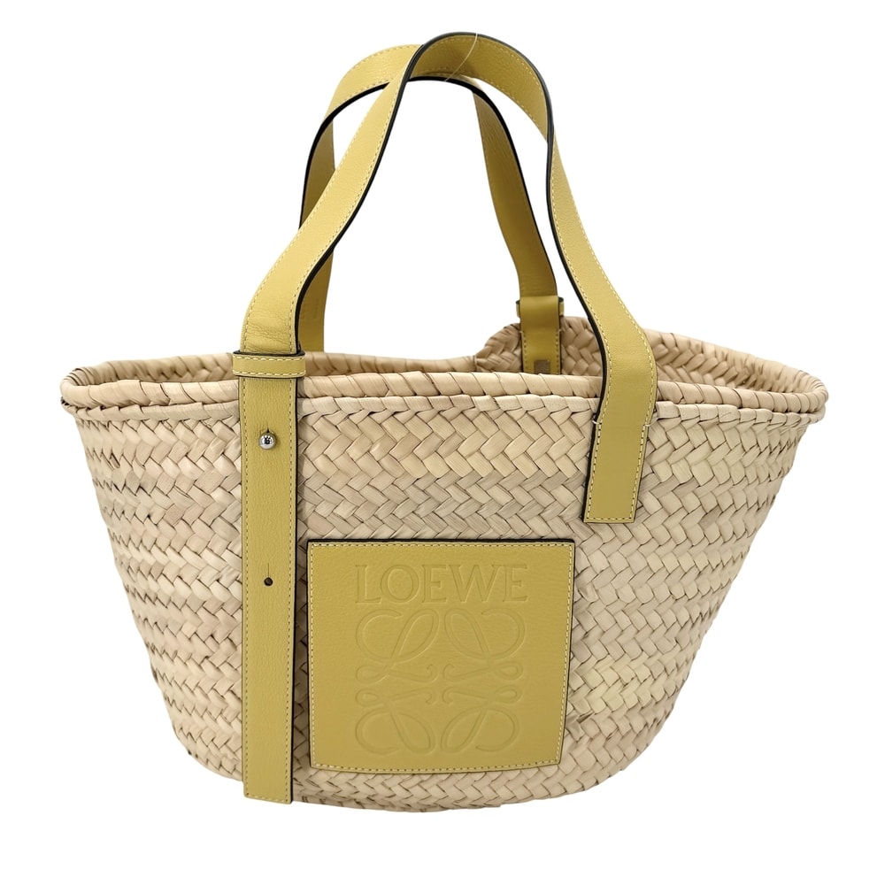 LOEWE ロエベ ハンドバッグ アナグラム バスケットバッグ ラフィア  レザー   ベージュ イエロー シルバー金具 レディース 春 夏【中古品】